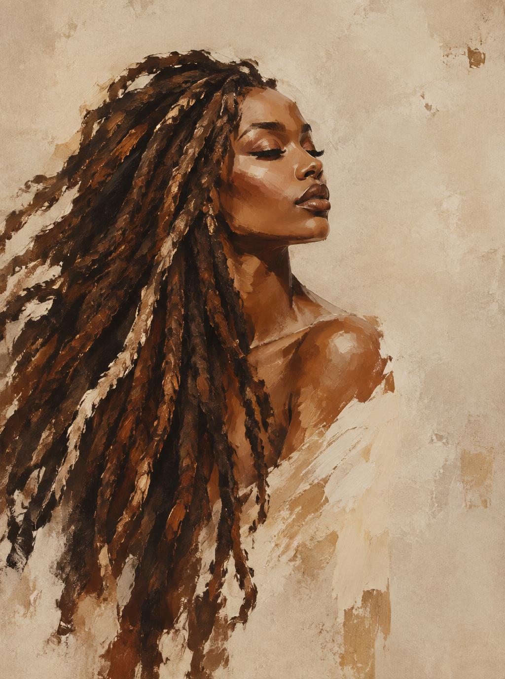 Editorial portrait of a woman with elegant, beautifully cared-for locs